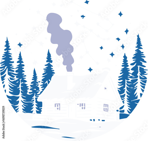 Winter cabin with smoke, starry sky and pine trees, arranged inside a circular frame, thick black outline, bold clean line art, hoodie front print, no text 3