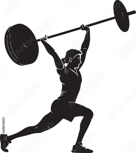 Silhouette of a weightlifter performing a clean and jerk lift Keywords: weightlifting, silhouette, athlete, barbell, lift, clean and jerk, sport, fitness, strength, power, exercise, muscular, man