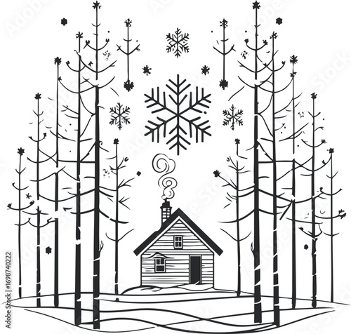 Cozy winter t-shirt design, centered composition of snowflakes, pine trees, and small cabin, cohesive arrangement, minimal black line art 1