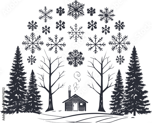 Cozy winter t-shirt design, centered composition of snowflakes, pine trees, and small cabin, cohesive arrangement, minimal black line art