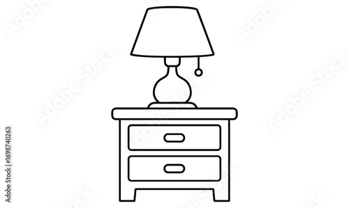 Minimalist linear design of a lamp on a wooden nightstand with drawers