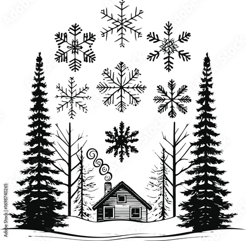 Cozy winter t-shirt design, centered composition of snowflakes, pine trees, and small cabin, cohesive arrangement, minimal black line art 2