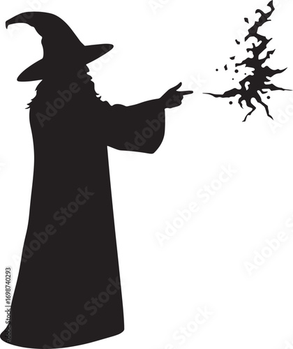 Silhouette of a wizard in a pointed hat casting a spell with a glowing magical effect mage sorcerer