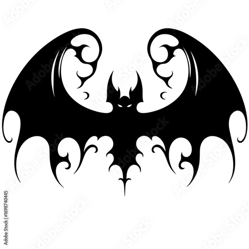 Black and white vector silhouette of bat on white background 