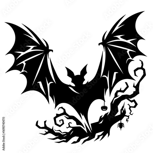 Black and white vector silhouette of bat on white background 