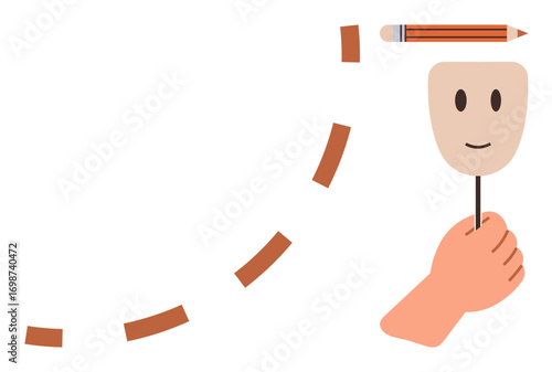 Smiling mask held by hand, pencil drawing dotted line suggests transformation, creation, role-playing. Ideal for identity, creativity, storytelling, imagination, art personal growth simple flat