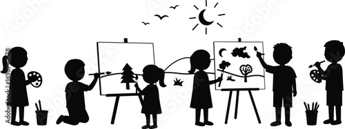 children painting together under sun and moon on transparent background silhouette