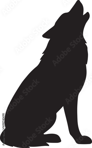 Silhouette of a Wolf Howling on a White Background Keywords: wolf, howling, animal, wild, wildlife, predator, canine, silhouette, black and white, isolated, graphic, vector, nature, mammal