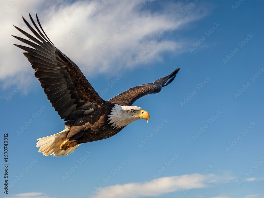 Fototapeta premium Majestic Bald Eagle Soaring Through Blue Sky