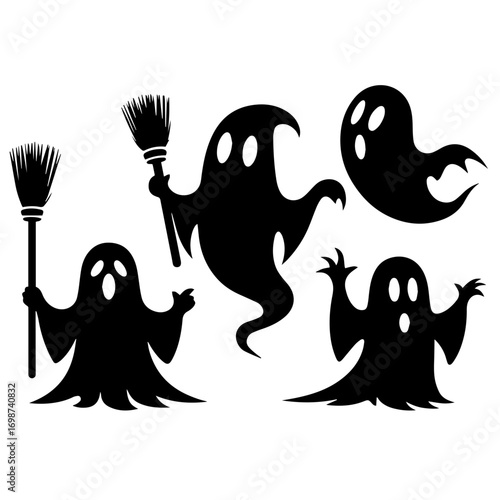 Black and white vector silhouette of ghosts on white background 