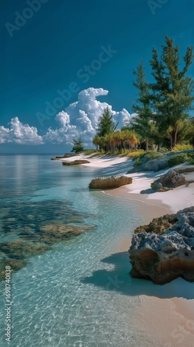 Beautiful Tranquil Beach With Clear Waters and Lush Greenery in the Afternoon