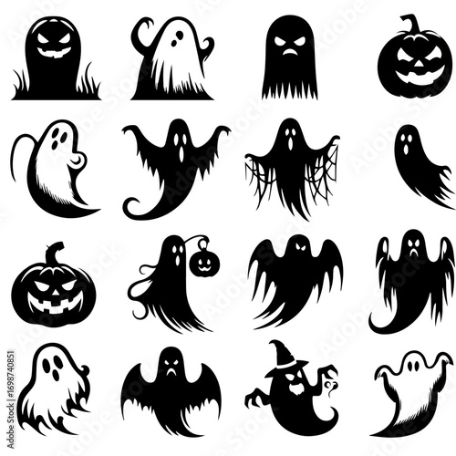 Black and white vector silhouette of ghosts on white background 