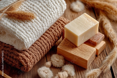 Soft Towels and Natural Soap Arranged on a Wooden Surface With Greenery Nearb...