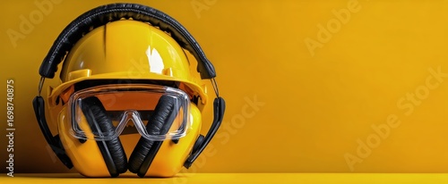 Yellow Hard Hat and Safety Goggles Rest on a Bright Background in a Construct...