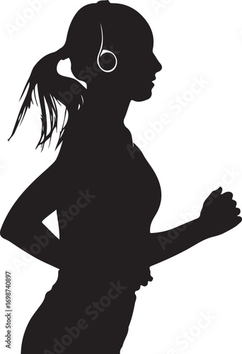 Silhouette of a woman running with headphones on a white background jogging exercise