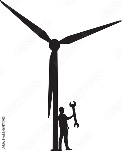 Silhouette of a worker with a wrench next to a wind turbine mechanic