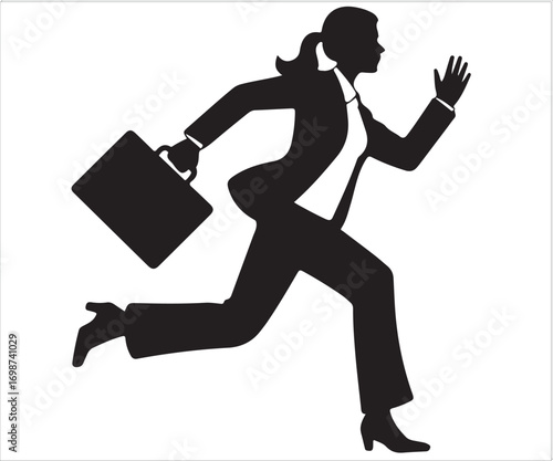 "Silhouette of businesswoman running with briefcase in hand, professional woman in suit hurrying for work, corporate rush, urgency, career, deadline, and office lifestyle concept vector illustration"