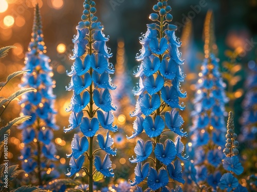 Dew-Kissed Blue Flowers at Golden Hour