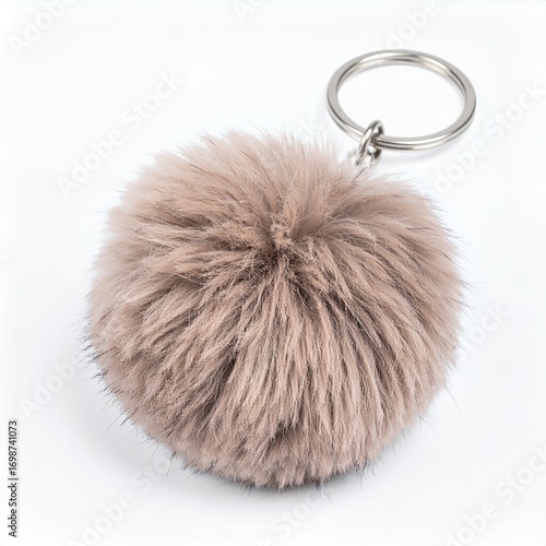 Fluffy taupe pom-pom keychain, stylish accessory, close-up photography, soft texture, cute pendant on white background