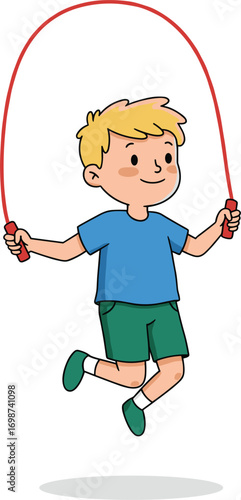 Happy blond boy jumping rope, child playing with skipping rope, active kid exercise, outdoor fun, healthy lifestyle illustration