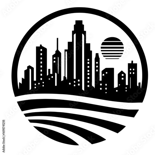 Black and white vector silhouette of city skyline on white background 