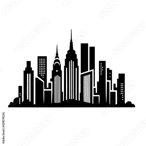 Black and white vector silhouette of city skyline on white background 
