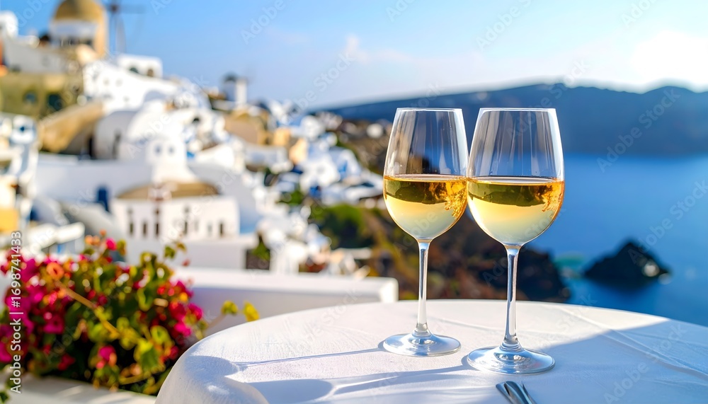 Fototapeta premium Two glasses of white wine sit on a table overlooking the whitewashed buildings and blue sea of Santorini, Greece, under a bright, sunny sky.