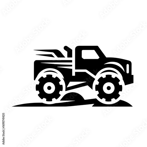 Black and white vector silhouette of monster truck on white background 