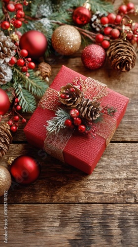 Holiday Gift Arrangement With Red Present and Natural Decorations on Wooden T...