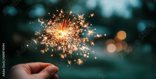Sparkler Held by a Hand at Dusk, Illuminating the Surroundings With Festive L...