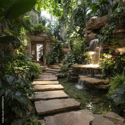 Tropical garden pathway with waterfall