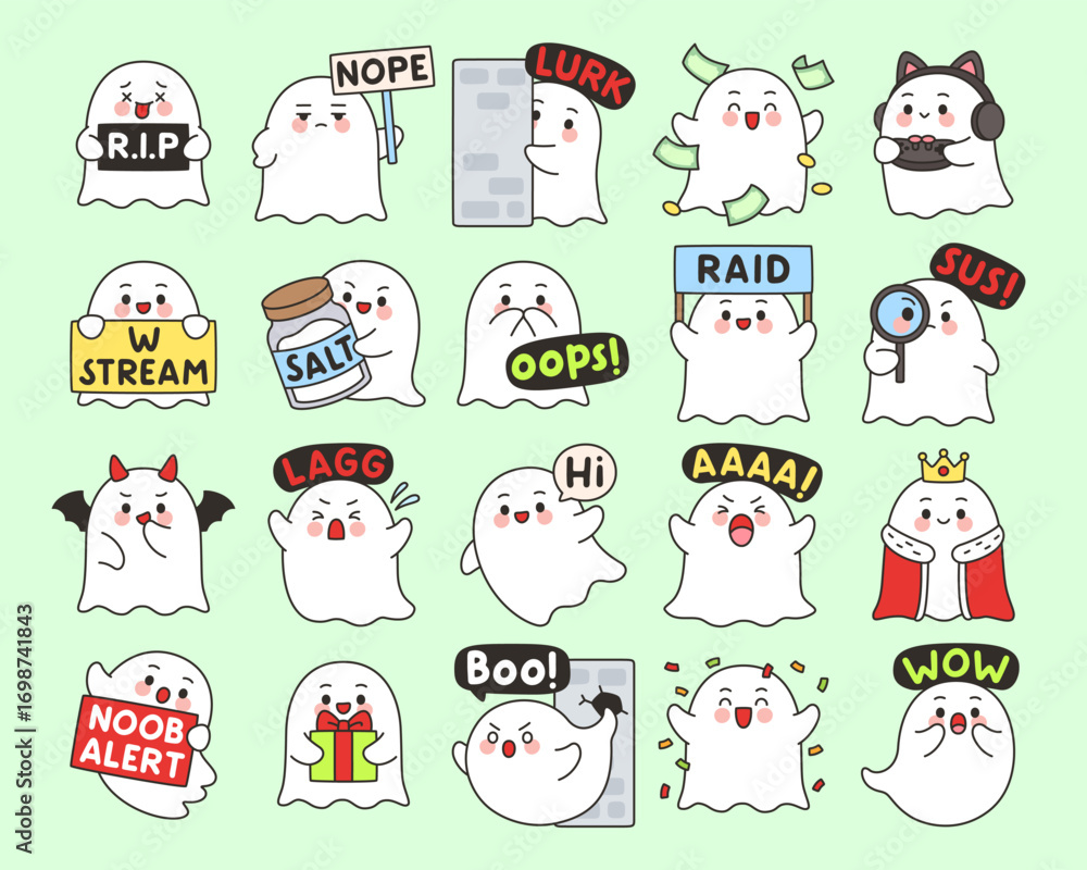 Fototapeta premium Kawaii ghost emotes set 1 with cute cartoon gaming and streaming expressions