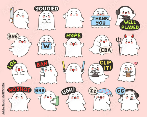 Kawaii ghost emotes set 2 with adorable cartoon gaming and streaming reactions