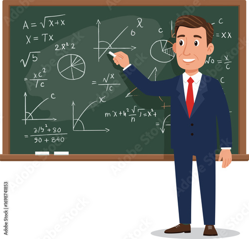Male math teacher explaining equations on blackboard, cartoon character in classroom teaching algebra, calculus and geometry, vector illustration