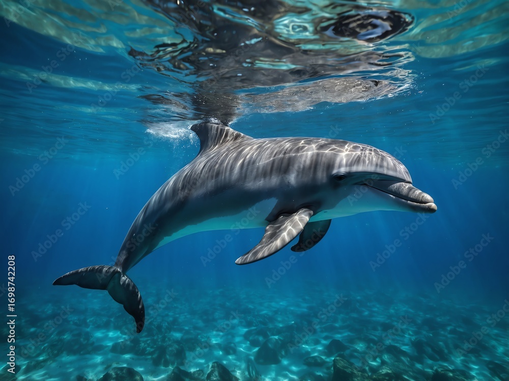 Naklejka premium Playful Dolphin Swimming in Crystal Clear Water