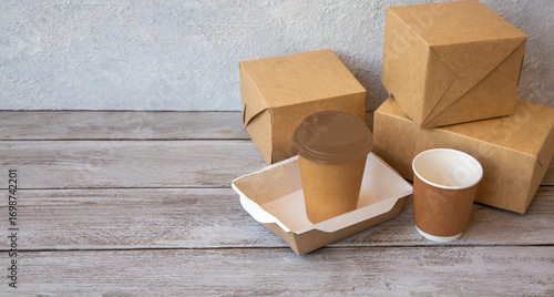 Eco-friendly cardboard packaging. Biodegradable boxes and cups. Concept of refusal from plastic. Caring for the environment.