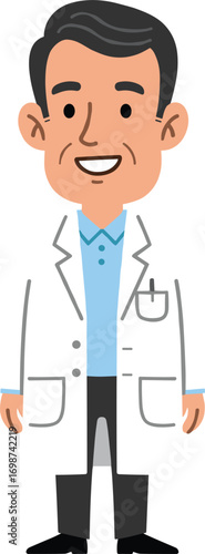 Smiling male doctor cartoon character in white coat, medical professional standing isolated, hospital staff illustration for healthcare design