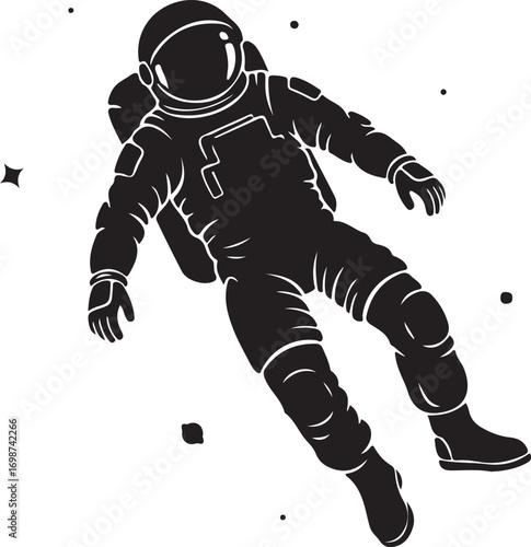 Silhouette of an astronaut floating in space with stars and planets Keywords: astronaut, space, silhouette, floating, cosmos, galaxy, stars, planets, exploration, science, technology, zero gravity