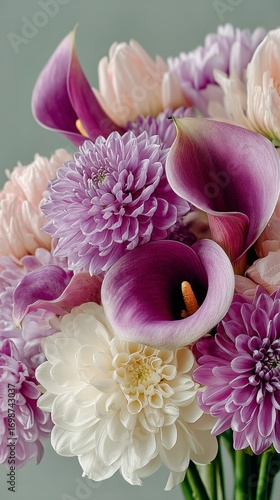 Colorful Bouquet Featuring Calla Lilies, Chrysanthemums and Dahlias in Soft S...