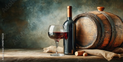 Still Life Showcasing a Bottle of Red Wine and a Glass Next to a Wooden Barrel