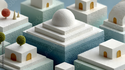 Fototapeta Naklejka Na Ścianę i Meble -  Clean isometric design showcasing geometric white shapes neatly arranged on a soft light blue background