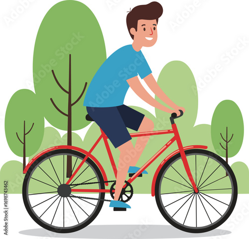 Smiling young man riding red bicycle outdoors, summer cycling, healthy lifestyle, fitness activity, eco transport, nature background, cartoon illustration