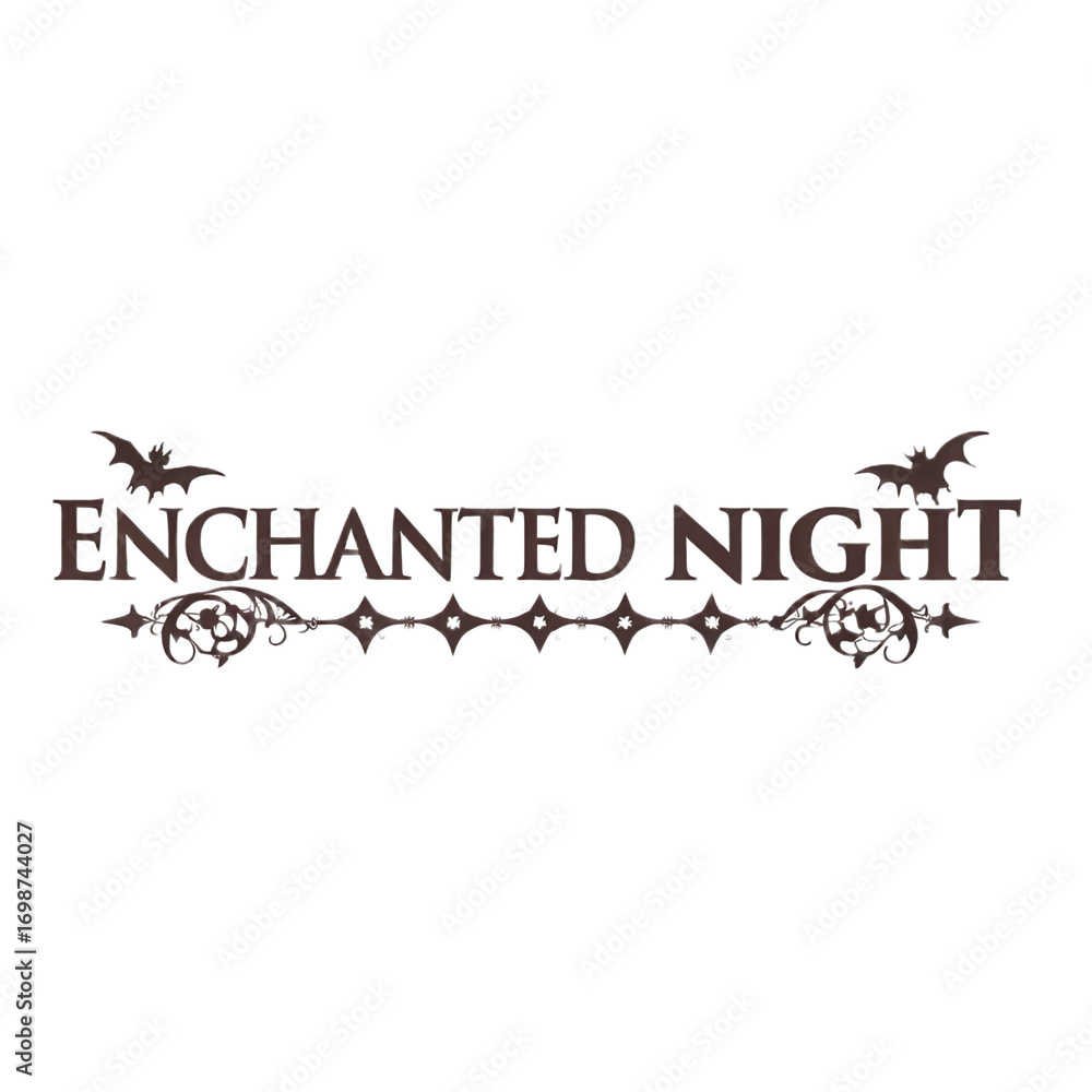 Fototapeta premium Enchanted night text with bat and star design on transparent background for magical or fantasy themed decoration