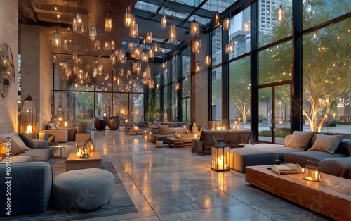 Modern Lounge With Large Windows and Cozy Seating in a Serene Setting During ...