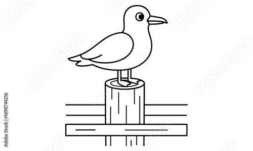 Seagull silhouette on pier post with simple line art design