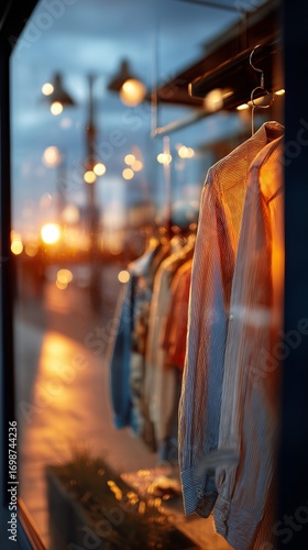 Sunset Reflections Through a Boutique Window Showcasing Casual Clothing