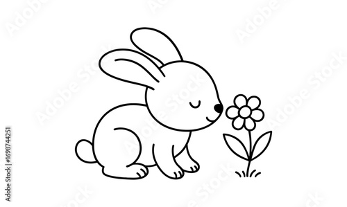 Adorable line art bunny sniffing spring flower with cheerful expression