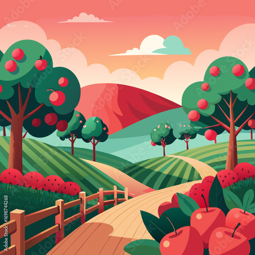Vibrant countryside orchard rows of apple trees ripe fruit harvest illustration vector