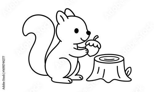 Cute squirrel with acorn and tree stump in simple line art style