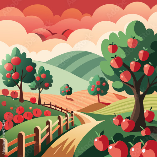 Vector illustration of a ripe apple orchard in the countryside with rolling hills and a scenic path
